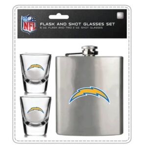 NFL LA Chargers Silver Flask and Shot Glass Set with Blue Logo